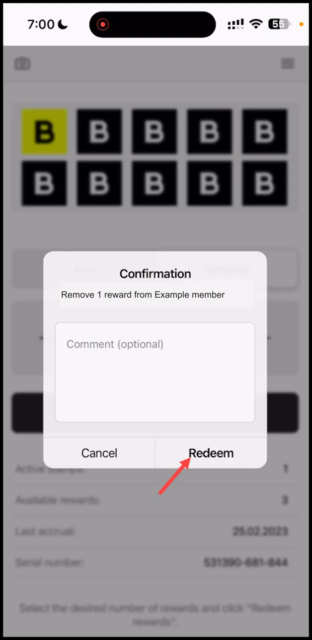 Scanner app - Stamp: This opens the Confirmation popup. To confirm, click the Redeem button.