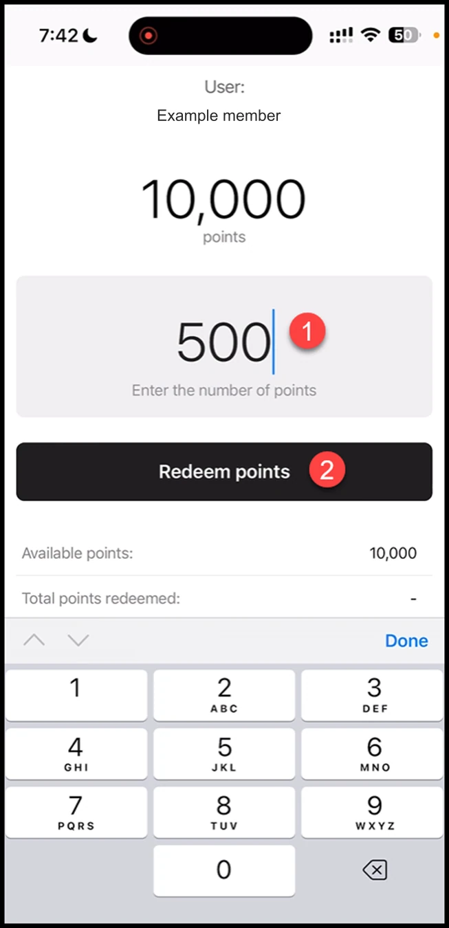 Scanner app - Certificate: Use the Enter number of points field to enter the number of points you want to redeem. Once entered, click the Redeem Points button.