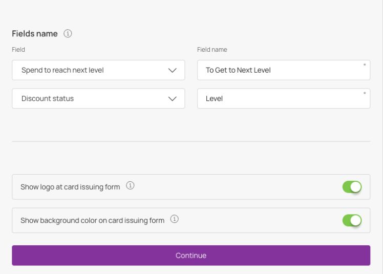 The two selected card fields and the switches for showing the logo and background colour on the joining form.