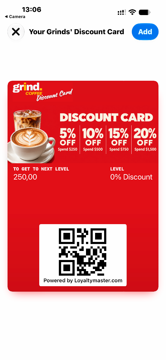 Apple Wallet add-card preview for Grinds, with Add at the top right and the starting 0% discount.