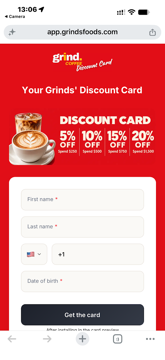 Grinds joining page on iPhone, showing the tier thresholds and customer details form above Get the card.