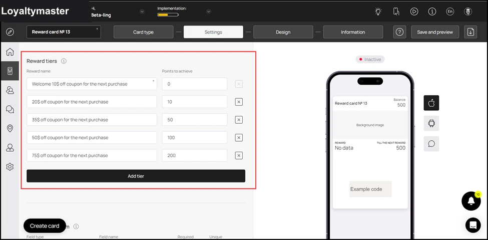 How to Create a Reward Card: Like the membership tiers we saw in the discount card, you can use the Reward Name and Points to Achieve fields under the Reward Tiers heading to define the name of the reward and
