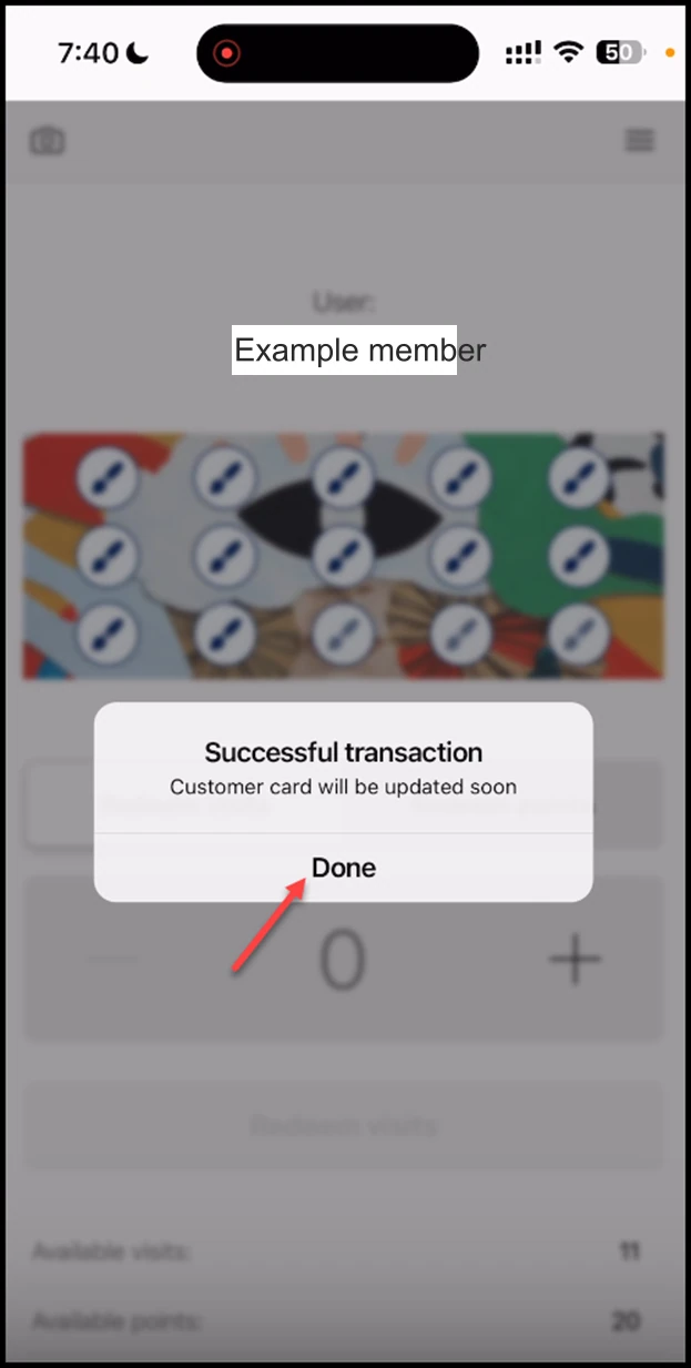 Scanner app - Multipass: As the visits are redeemed, the Successful Transaction popup is displayed. To proceed, click the Done button.