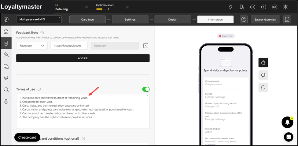 How to Create a Reward Card: Enter any terms of use you want to include on the card using the Terms of Use field.