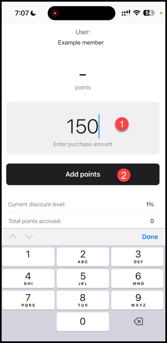 Scanner app - Discount: Here, enter the amount you want to add in the Enter Purchase Amount field. Once added, click the Add Points button.