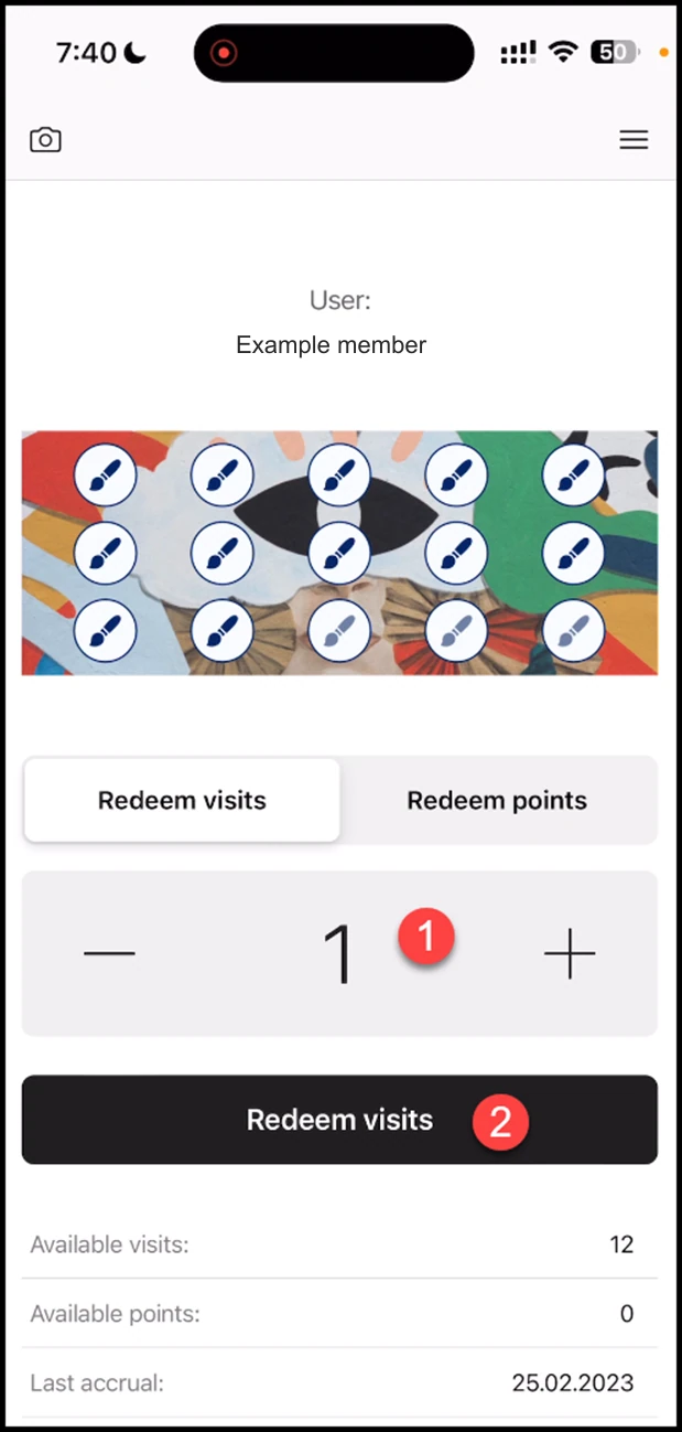 Scanner app - Multipass: Use the +/- icons at the right and left side of the counter to set the number of visits you want to redeem. Once set, click the Redeem Visits button.