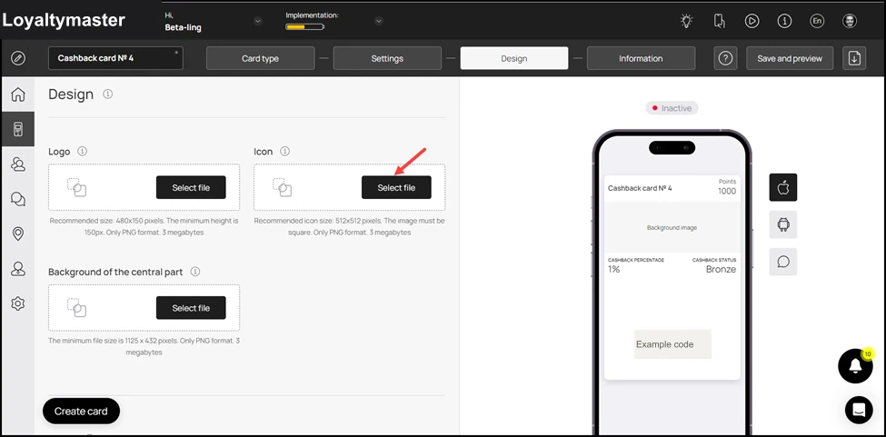 How to Create a Coupon Card: Similarly, click the Select File button from the Icon heading to choose an icon from your system storage to be displayed in the push messages.