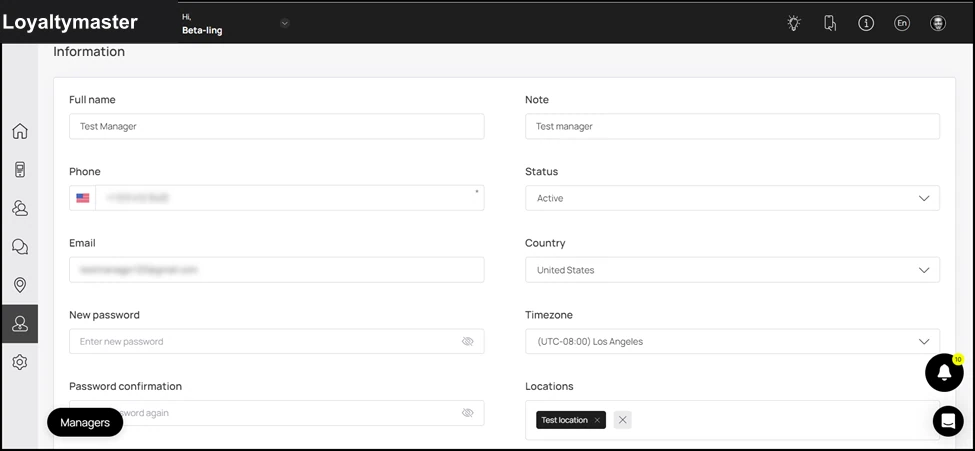 Manager Profile: Next up is the Information section where the details of the manager account are displayed in editable view.