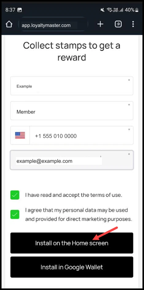 Install a Loyalty Card on Android: To install the card on your home screen, click the Install on Home Screen button.
