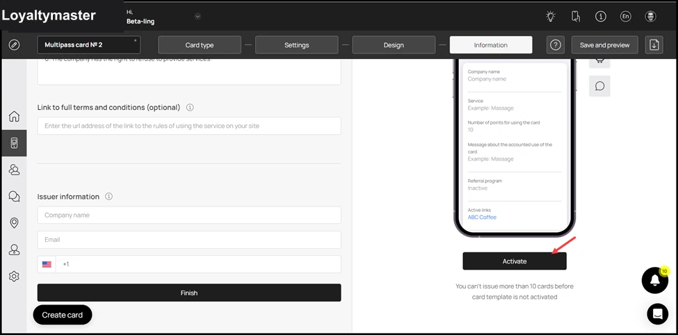 How to Create a Coupon Card: To activate the template, click the Activate button under the card preview.
