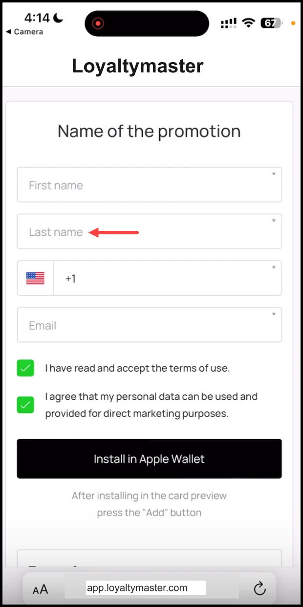 Install a Loyalty Card on iPhone: Use the Last Name field to record your last name.