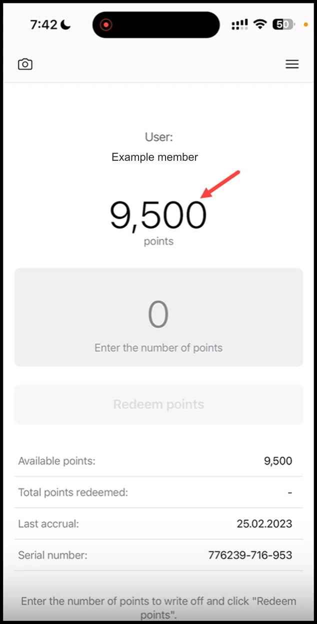 Scanner app - Certificate: When you scan the card again, the redeemed number of points is subtracted from the points displayed at the center.