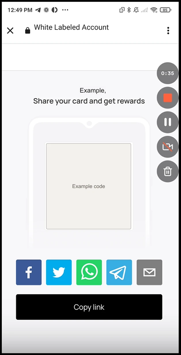 Referral program: This opens the QR code of the card with a number of social media platforms icons. Tap the desired icon to share the card via that platform.