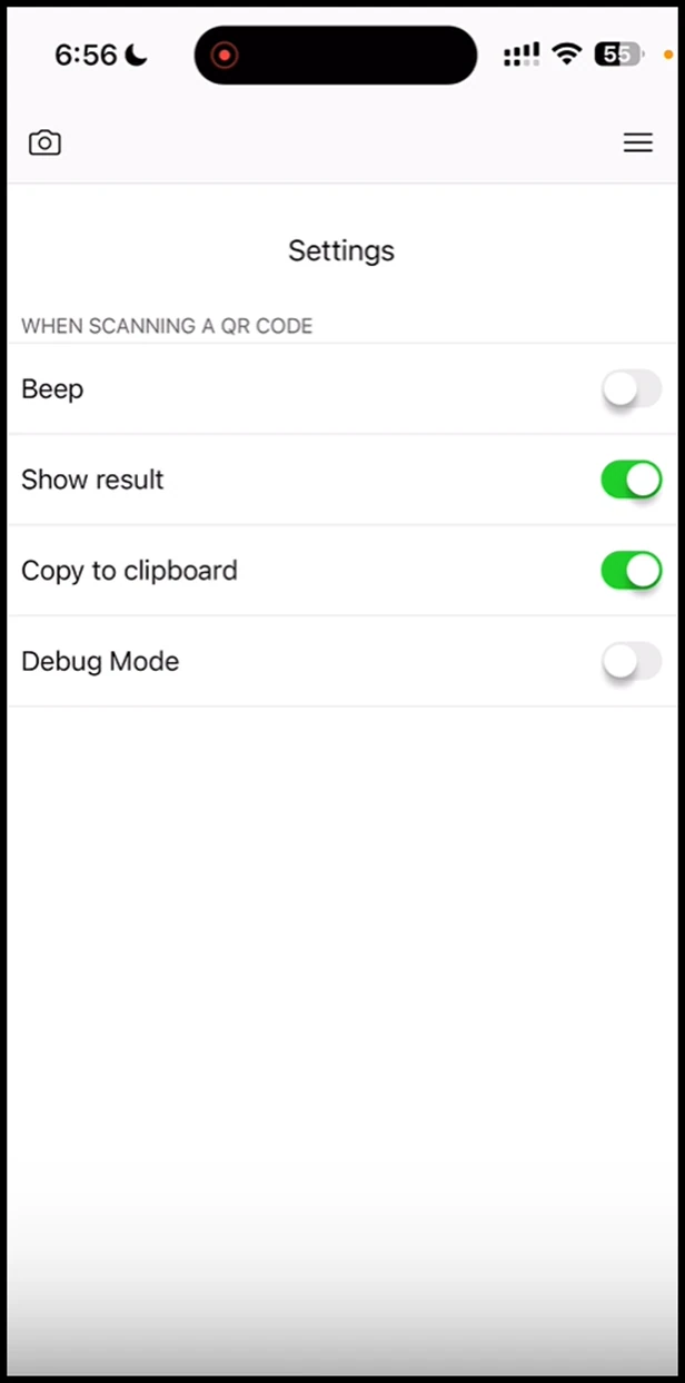 How the Scanner App Works: Here, you can define how the app behaves when a QR code is scanned. You can set a beep, show result, copy QR code to clipboard, and open the debug mode on the QR scan by using the