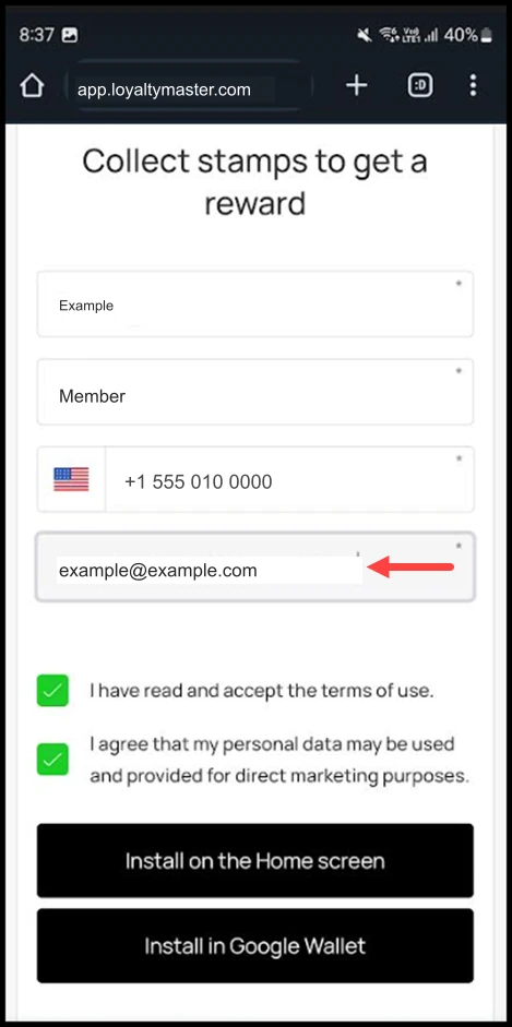 Install a Loyalty Card on Android: Use the Email field to record your email address.