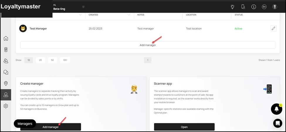 Manager Seats: To create a manager profile, click the Add Manager button from the bottom of the Managers grid or from the Create Manager tile.