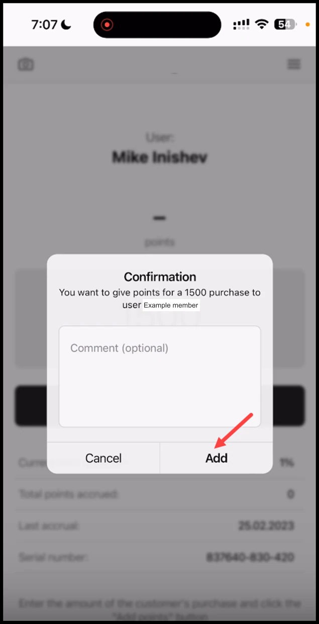 Scanner app - Discount: This opens the Confirmation popup. To confirm the points addition, click the Confirm button.