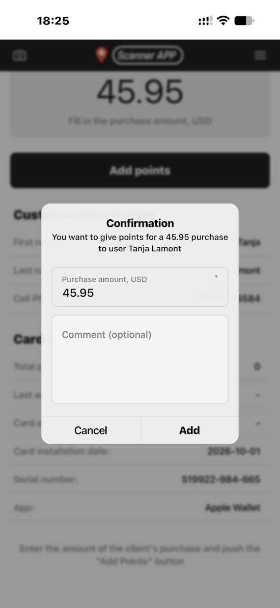 Confirmation for a 45.95 USD purchase, with Purchase amount, Comment (optional), Cancel and Add.