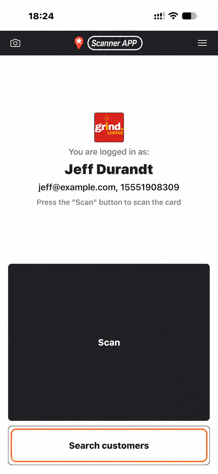 Scanner App home screen with Search customers outlined below Scan.