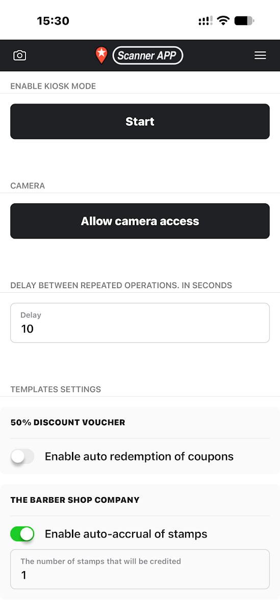 Kiosk settings with Allow camera access, a 10-second delay and one stamp enabled.