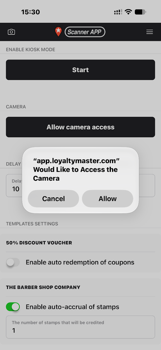 Camera permission prompt with Allow.