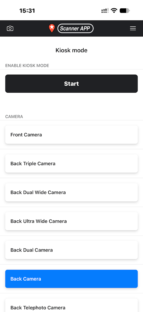 Back Camera selected before starting Kiosk Mode.