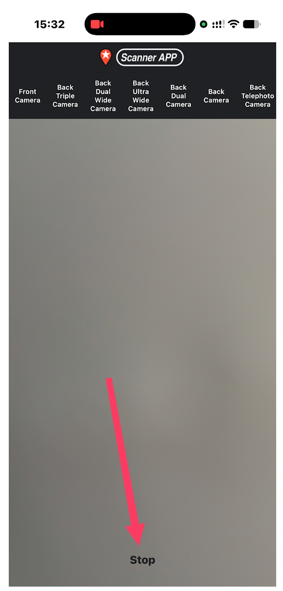 Active scanner with an arrow pointing to Stop at the bottom.