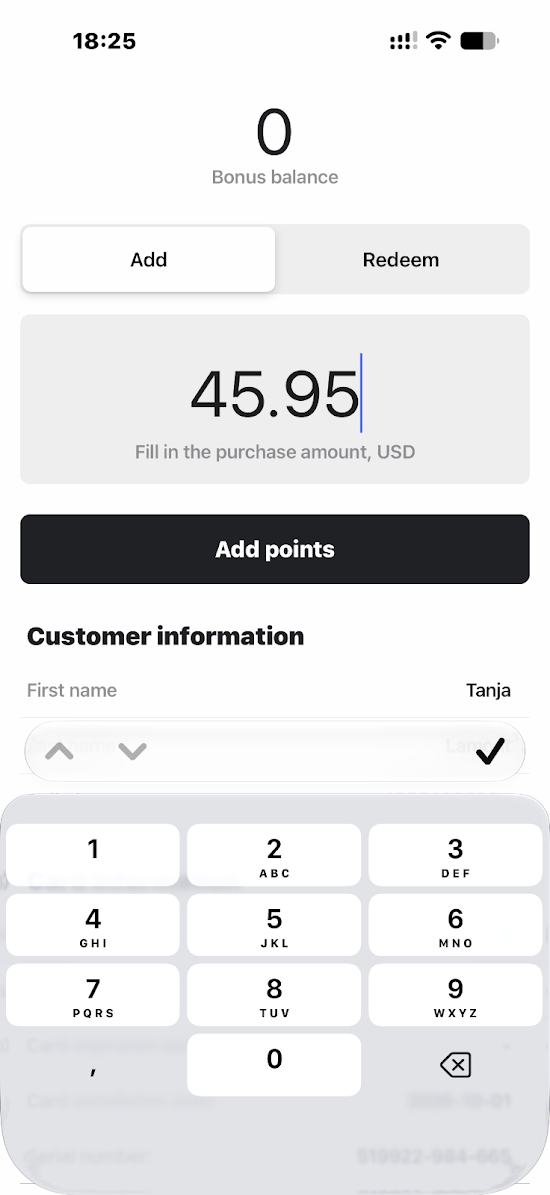 Add selected with a purchase amount of 45.95 USD and the Add points button.
