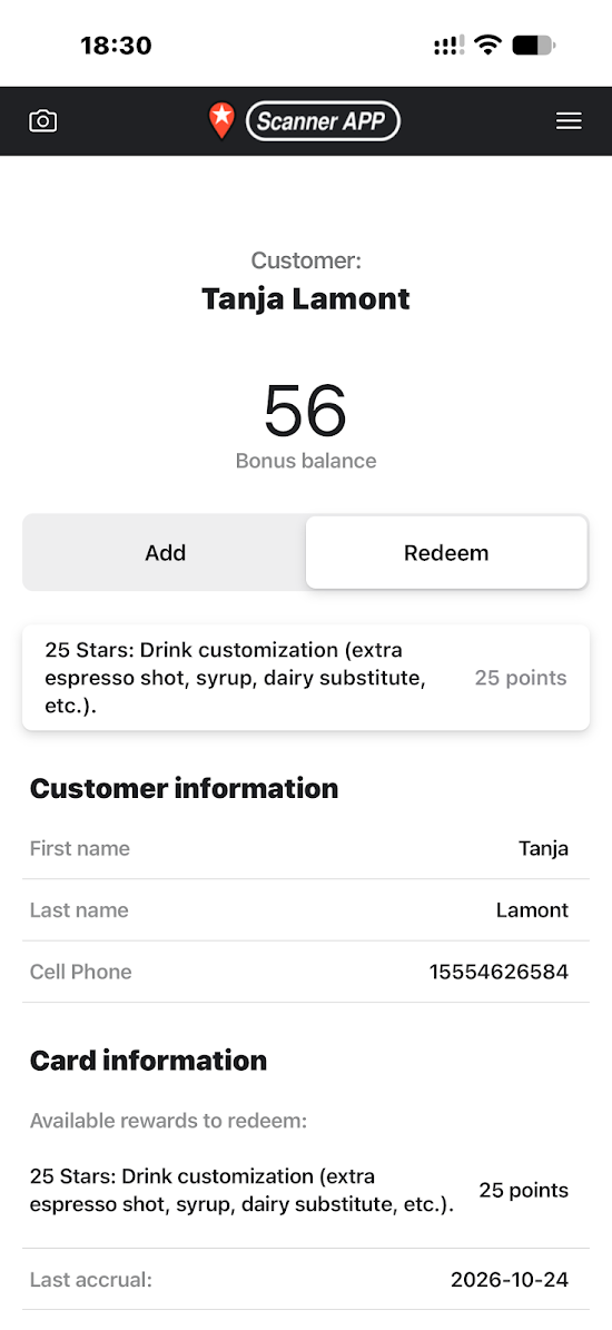 Redeem selected, showing a 56-point bonus balance and an available drink-customization reward costing 25 points.