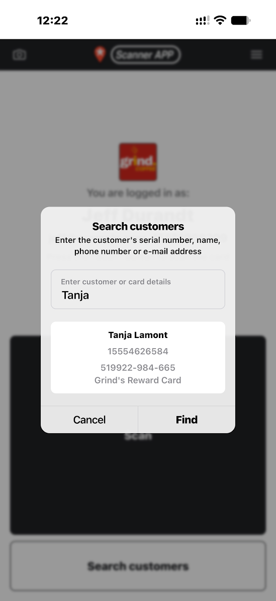 Searching for Tanja shows the matching customer and Grind’s Reward Card.