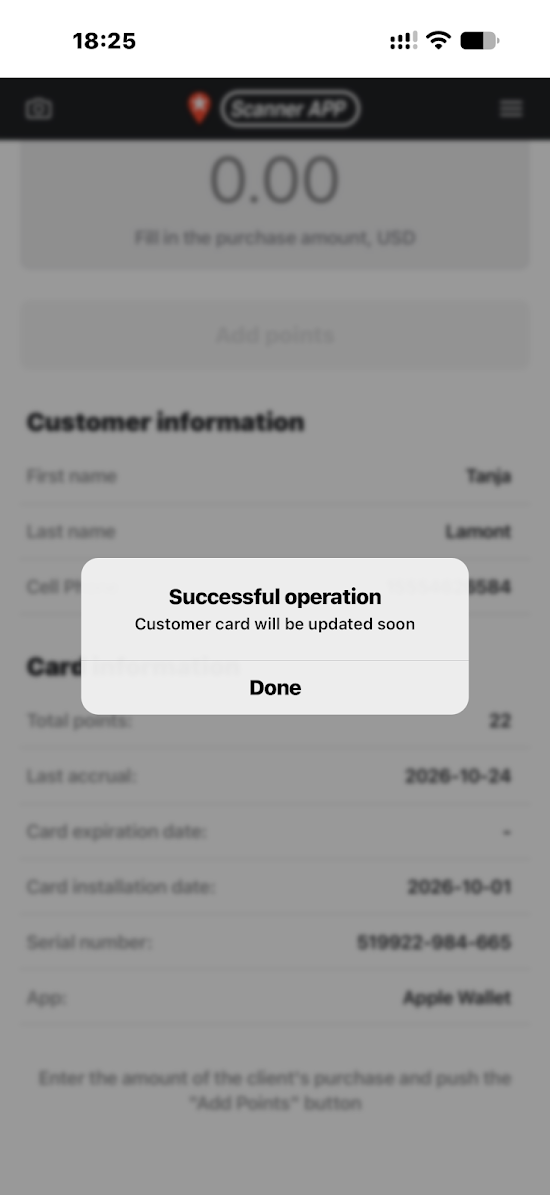 Successful operation message with the customer-card update notice and Done.