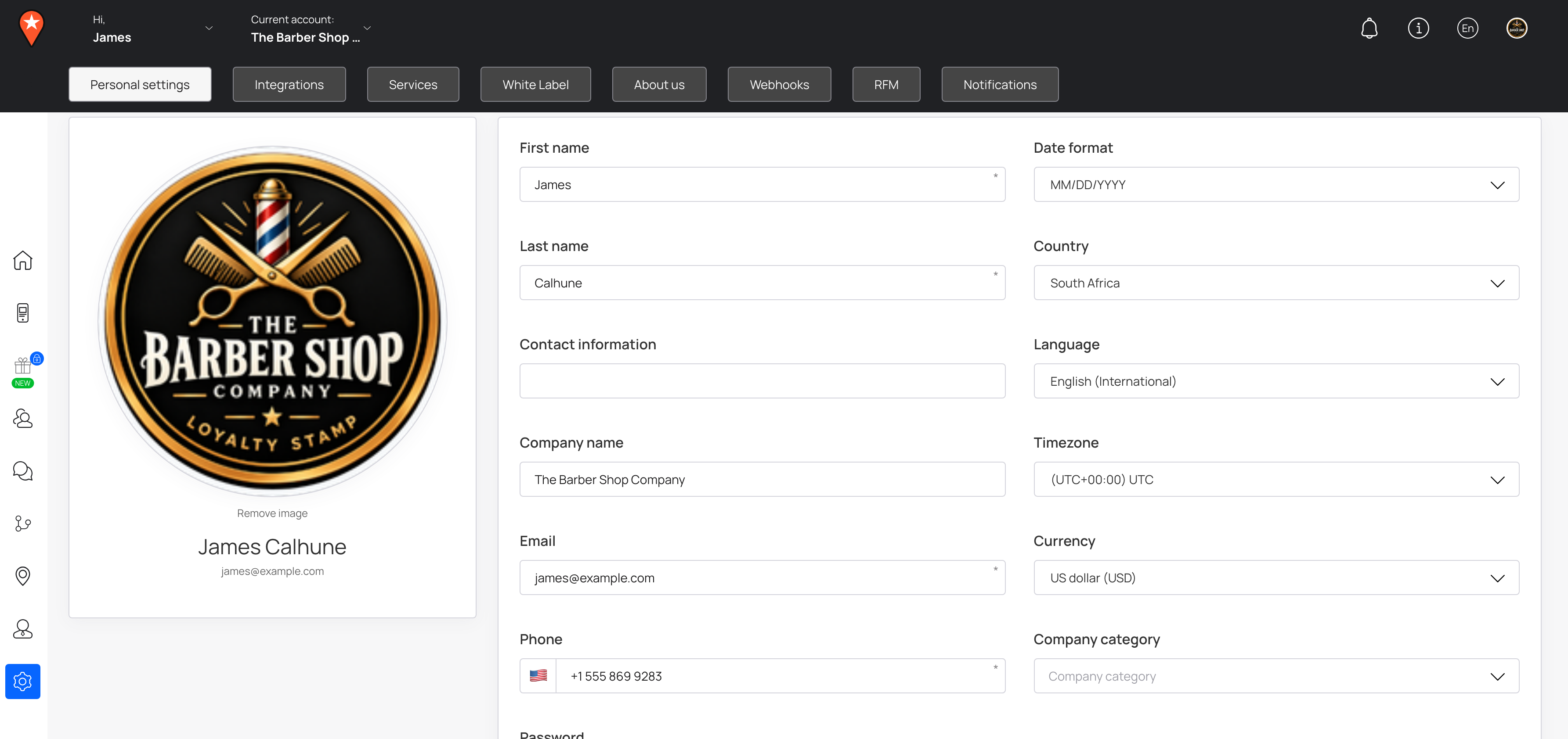 Owner account in Personal settings, showing the example email james@example.com.