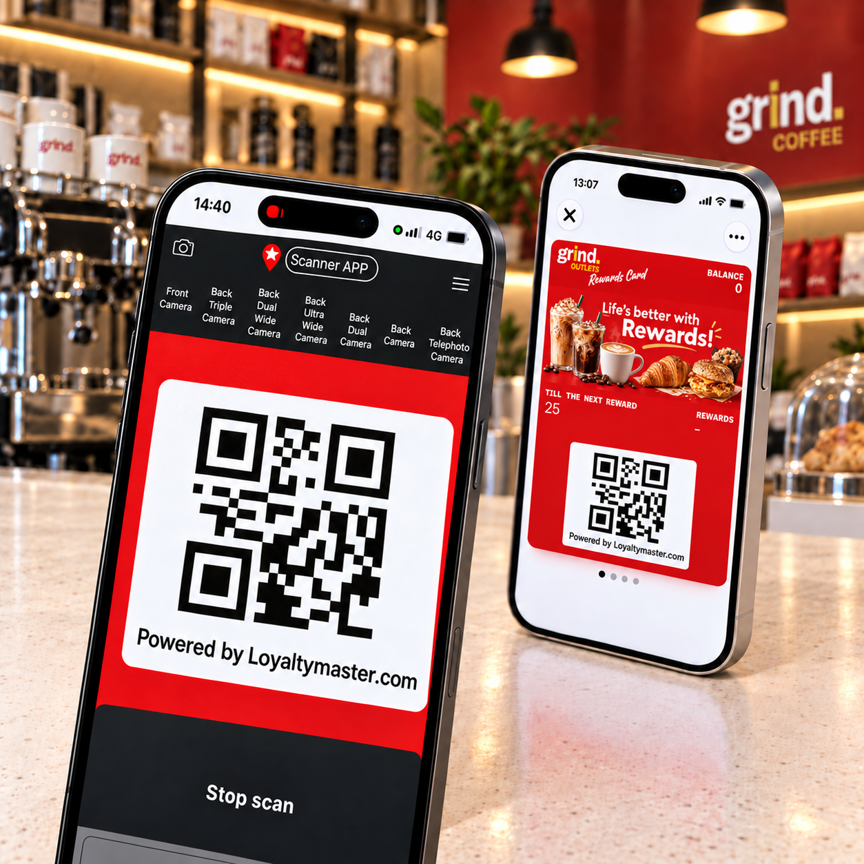 Illustration of the Scanner App scanning the QR code on a customer’s red Reward card.